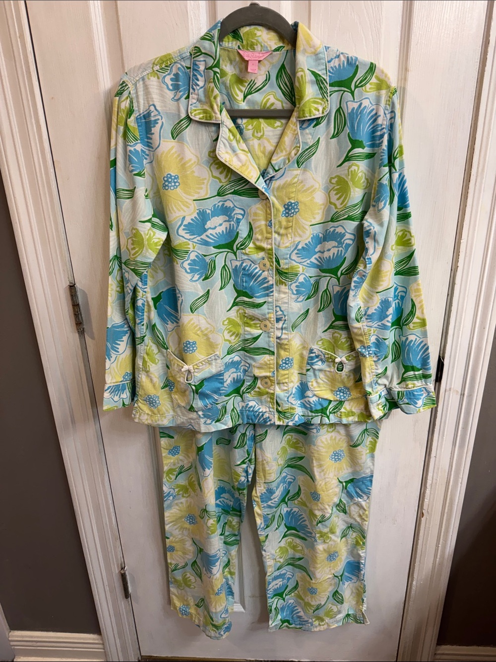 Vintage Women’s Lilly Pulitzer Floral Button-Up Pajama Set - Blue & Yellow